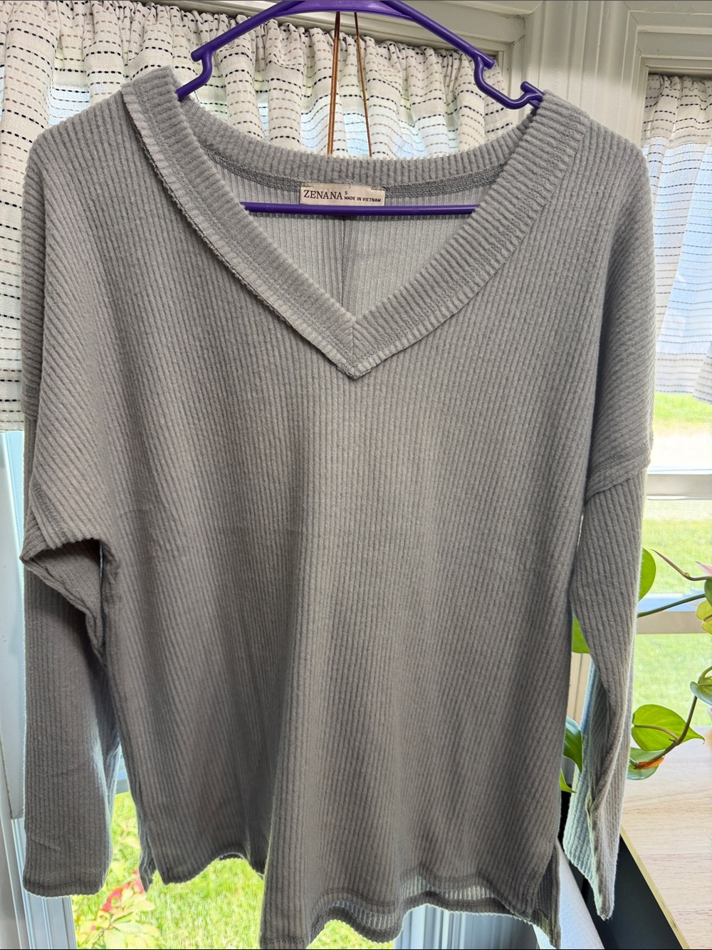 Zenana Outfitters V-Neck Ribbed Sweater - Light Gray